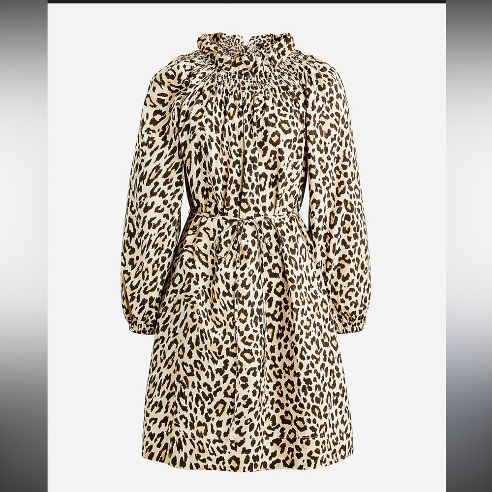 J Crew Ruffle Neck Puff Sleeve Leopard Print Dress- XS